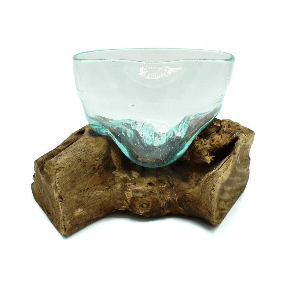 Molten Glass Arfully Misshapen Bowl on Wood, pale aqua glass bowl on a brown wood base, front view