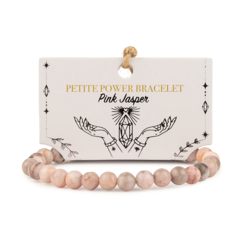 Petite Pink Jasper bracelet with beads displayed on its illustrated card