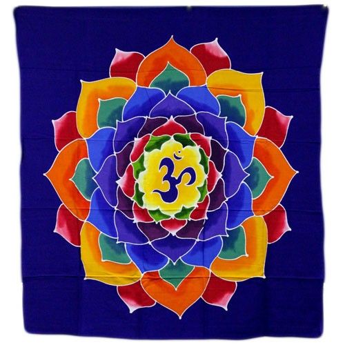 Om, Flower of Life wall hanging, a colourful layered flower design with an Om symbol on deep blue