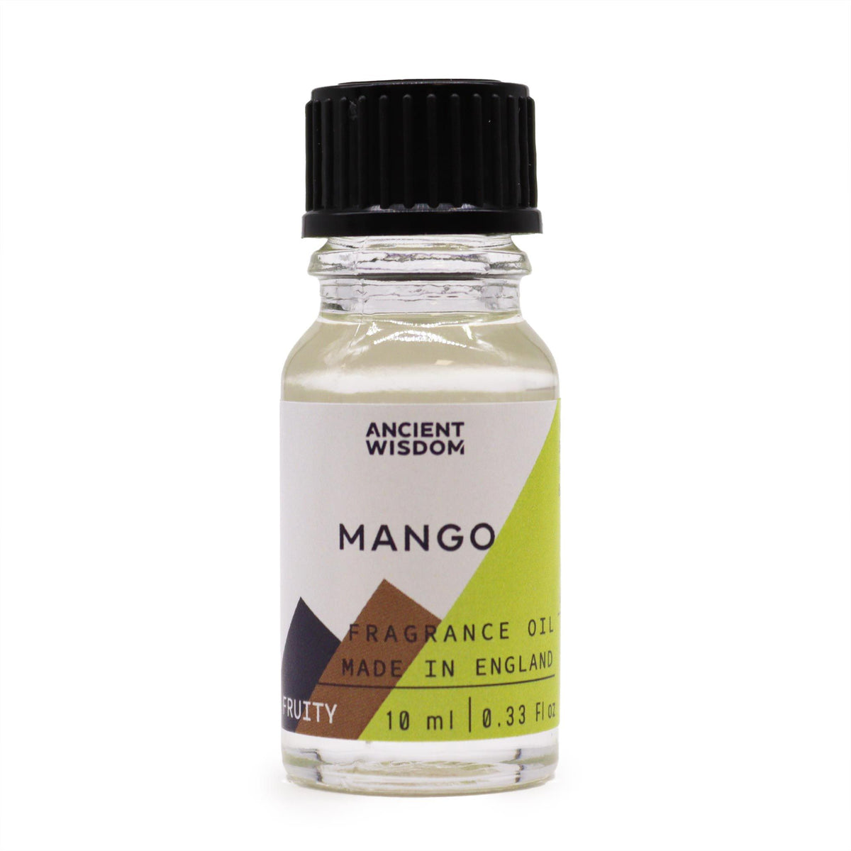 10ml Mango Fragrance Oil in a clear bottle with a black cap, front label facing forwards on white
