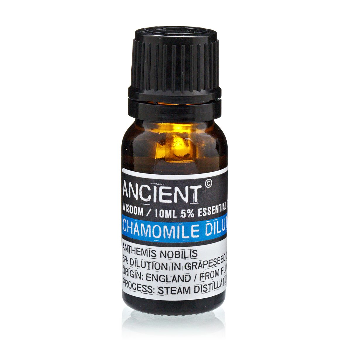 10 ml Chamomile Roman (D) Essential Oil in an amber bottle with a black cap, front label shown