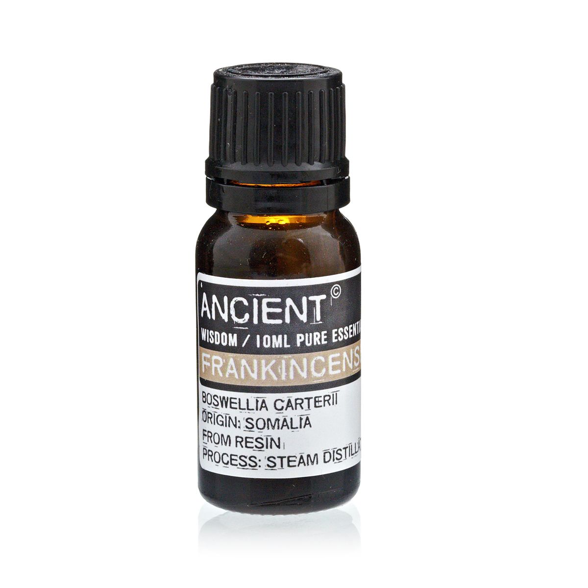 10 ml Frankincense (Pure) Essential Oil in a dark amber bottle with a black cap, shown upright from the front