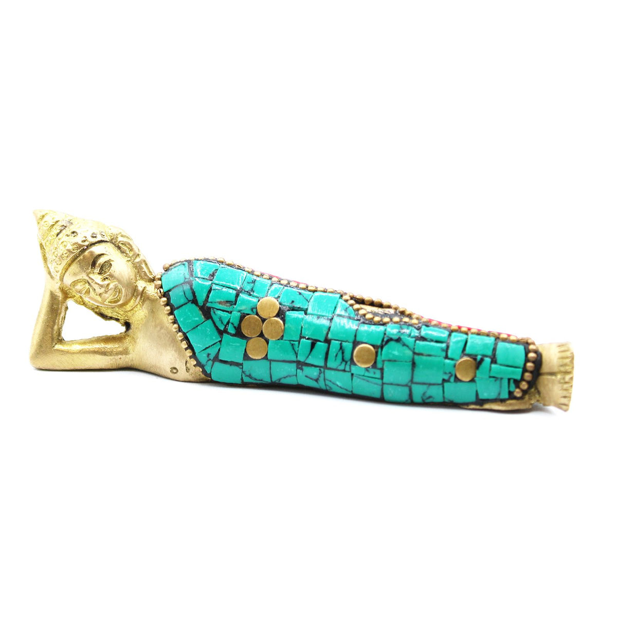 Close-up of the lying Buddha figure's turquoise robe and gold details on a white background