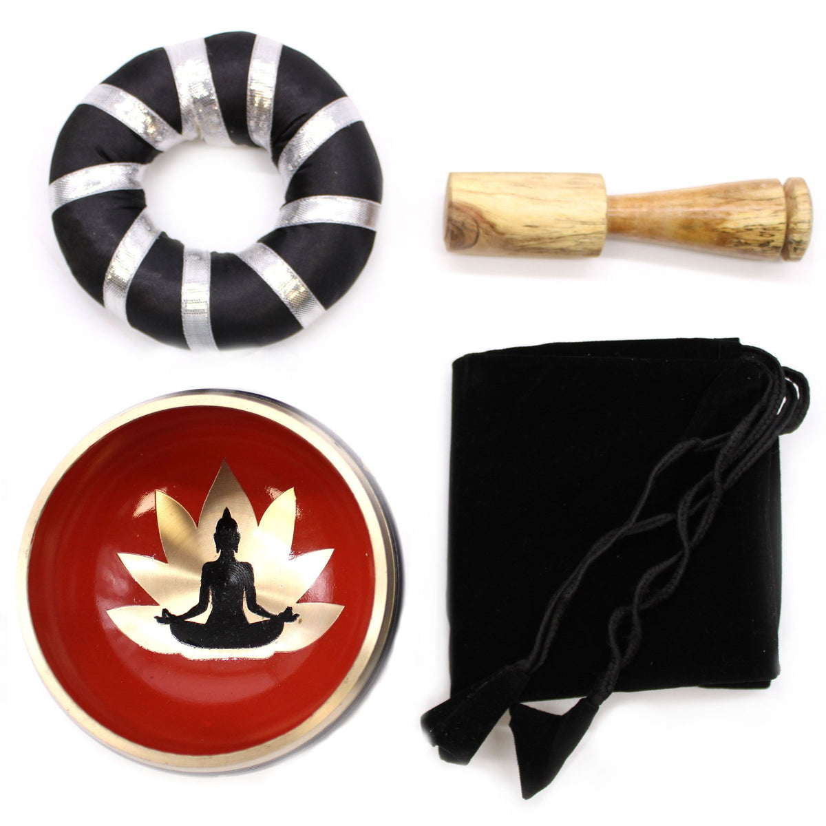 Buddha Singing Bowl Set- Black/Orange 10.7cm arranged with bowl, striped cushion, wooden striker and black pouch