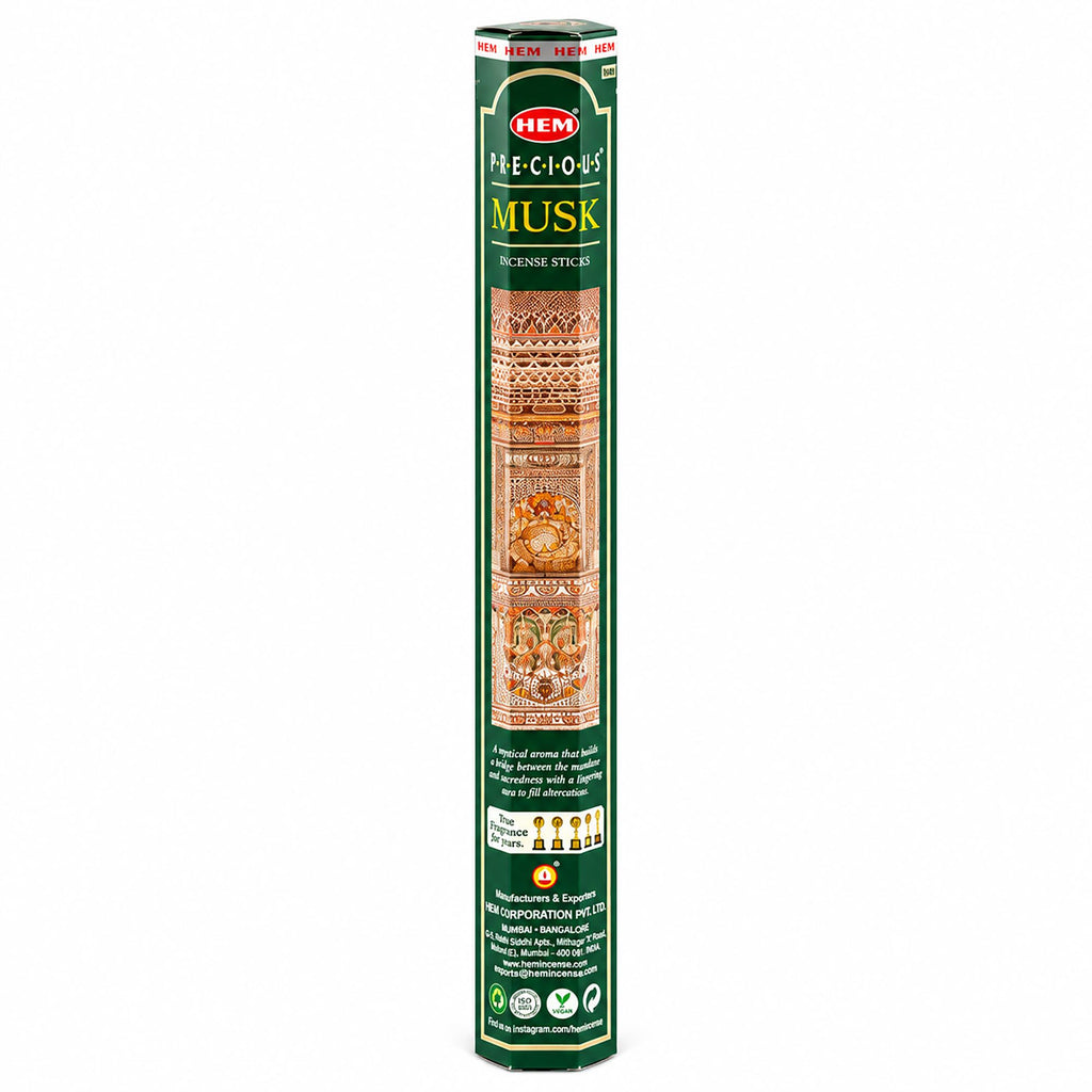 HEM Precious Musk incense in a tall green hexagonal pack