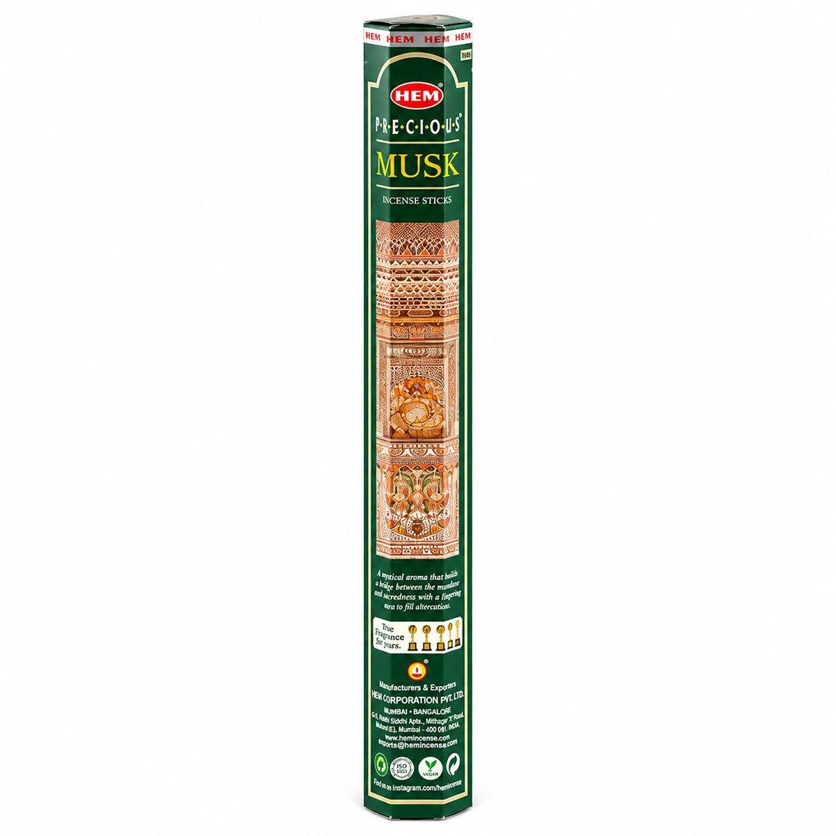 HEM Precious Musk incense in a tall green hexagonal pack