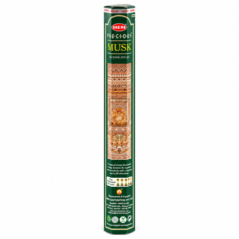 HEM Precious Musk incense in a tall green hexagonal pack