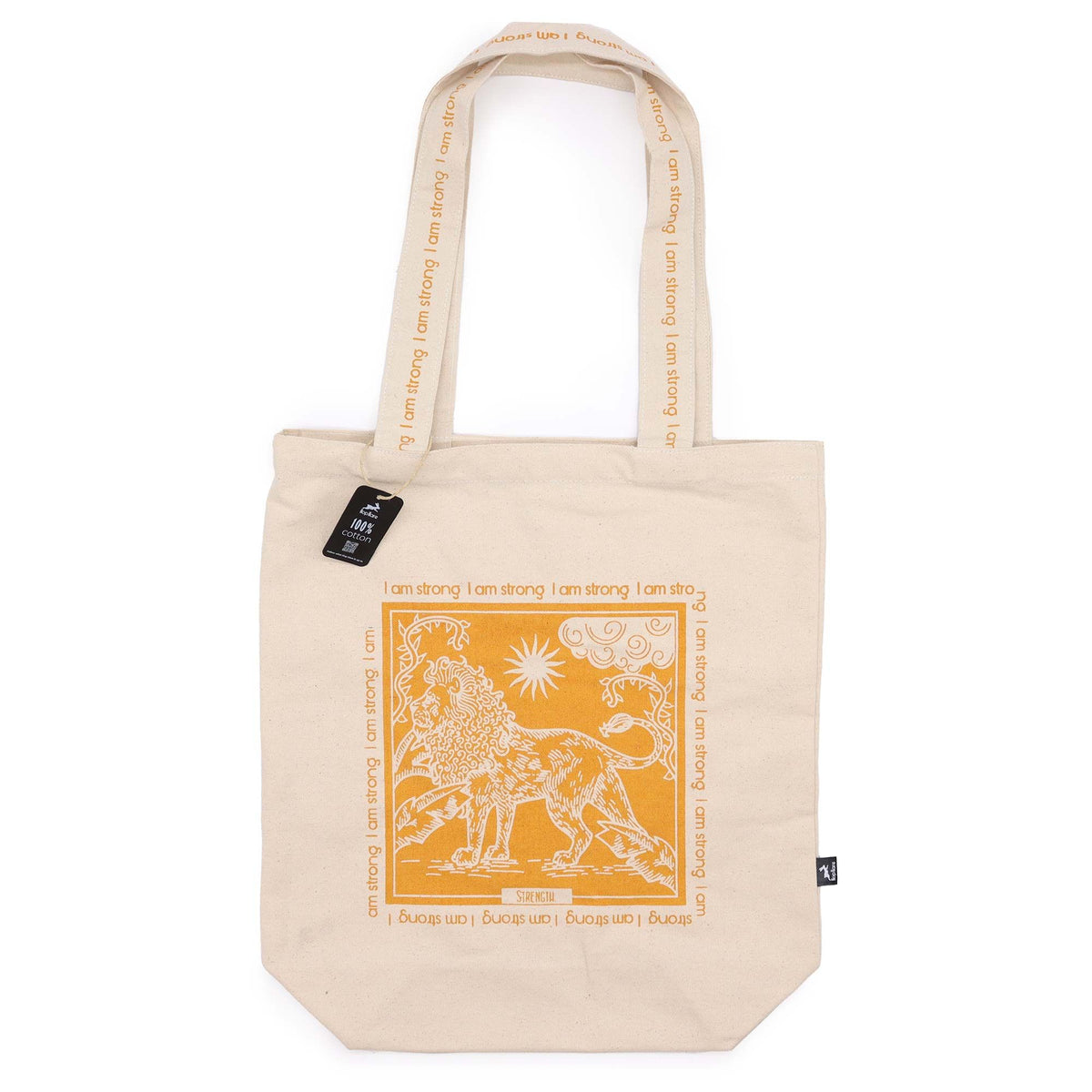 Cream cotton tote bag printed with Hop Hare's orange Lion tarot-style design
