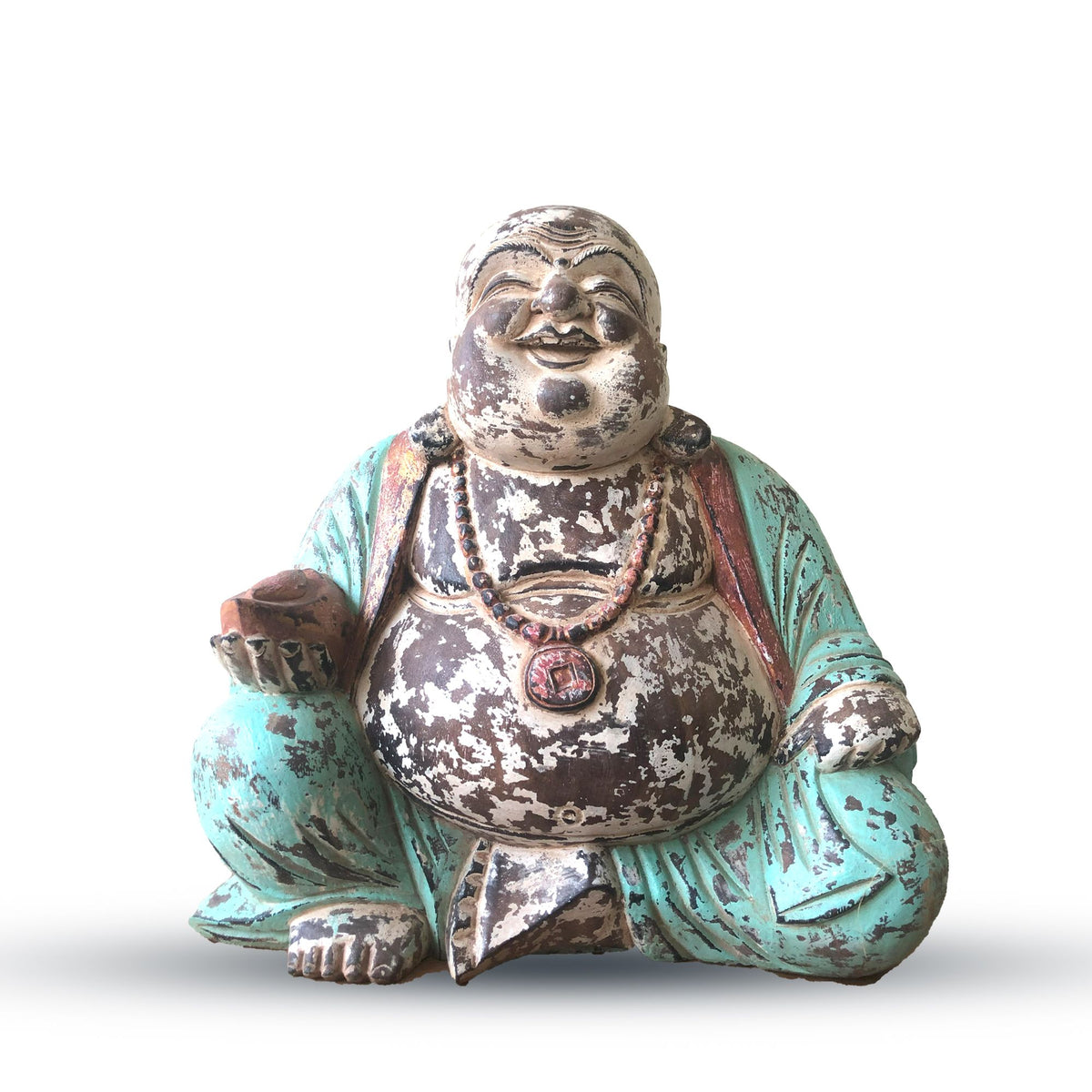 Vintage Mint Hand Carved Buddha Statue, 40cm, Happy Buddha seated with a worn mint finish on white