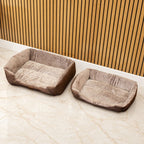 Two brown plush pet beds shown side by side