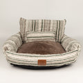 Striped sofa pet bed with brown plush seat cushion