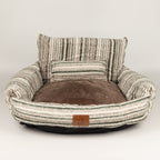 Striped sofa pet bed with brown plush seat cushion
