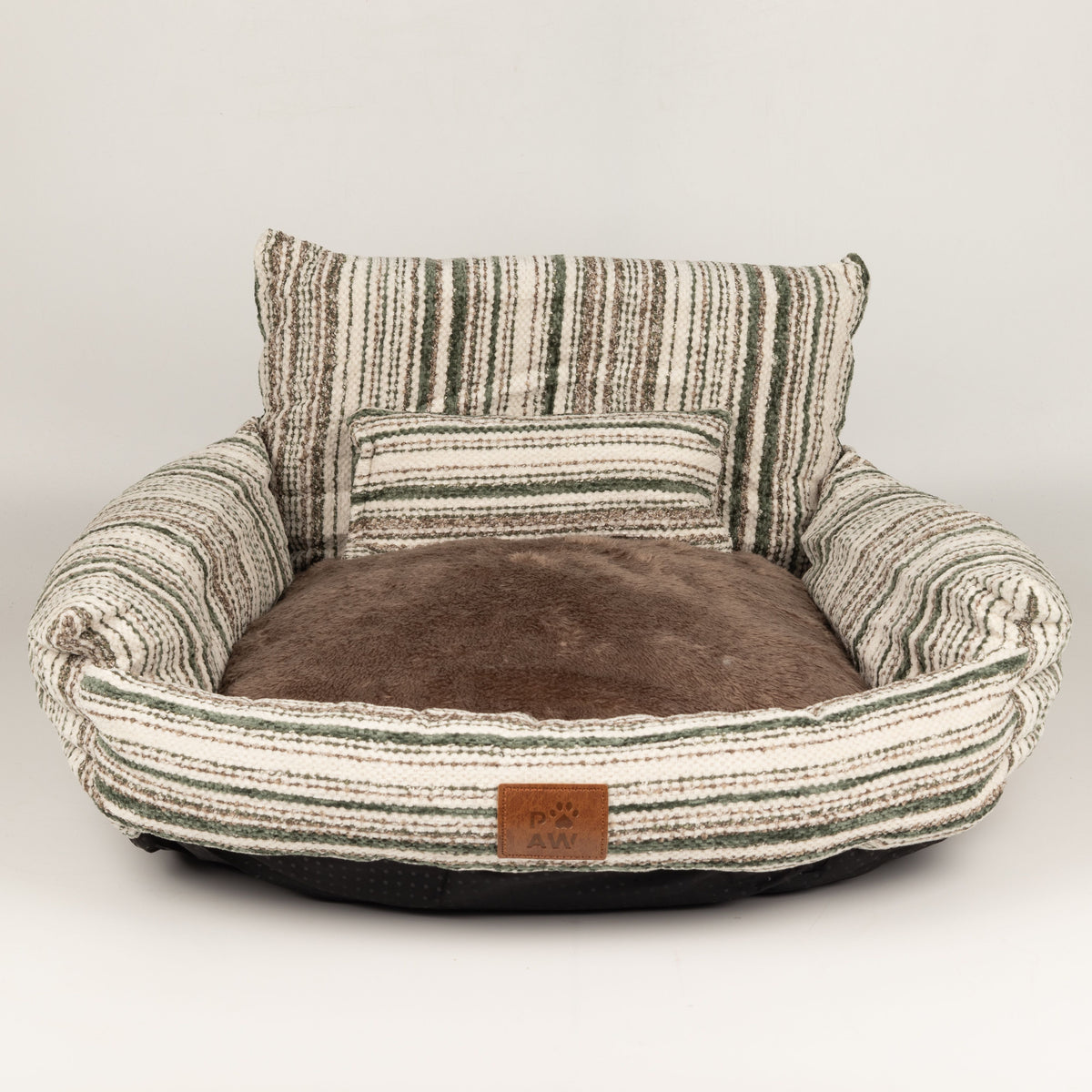 Striped sofa pet bed with brown plush seat cushion