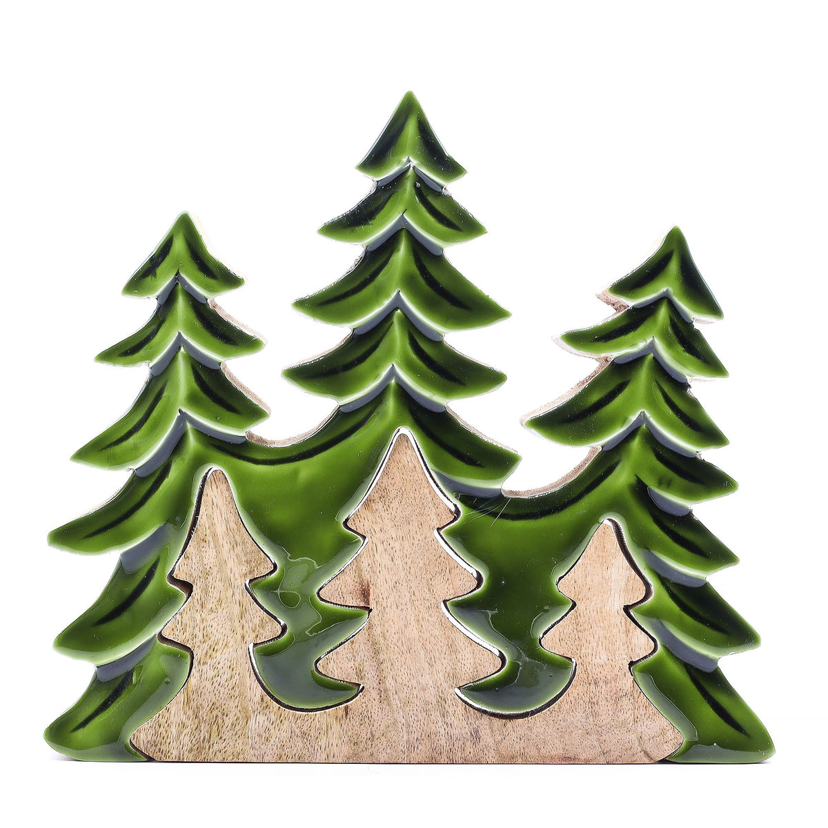 Three layered mango wood pine trees finished with glossy green enamel, front view