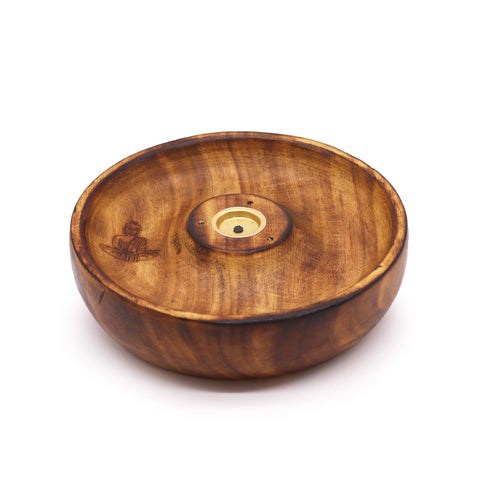 Incense Stick & Cone Burner Disc, Buddha, round brown disc shown from above at an angle