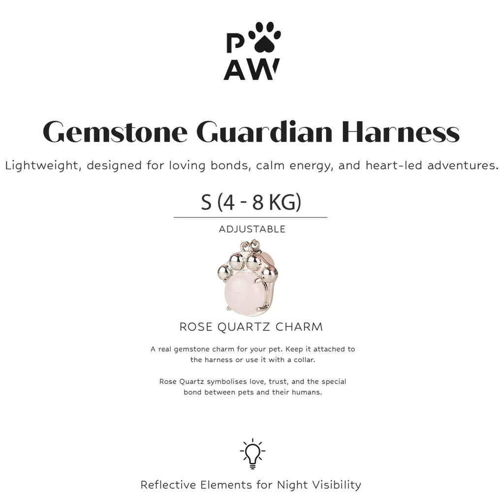 Harness packaging showing size and rose quartz charm