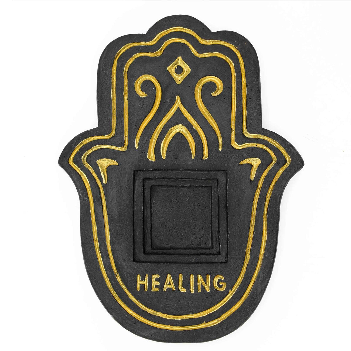 Healling Incense Plate, Black & Gold Lava-Stone Effect, front view with gold hand design