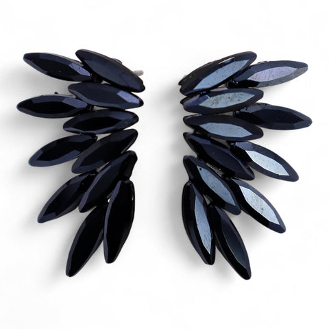 Jet Black vintage glass Faries earrings, a pair of glossy dark feather-shaped drops on white