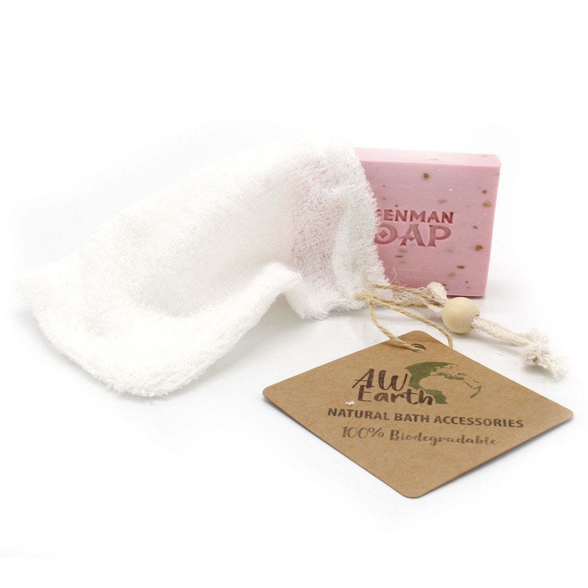 Nature Soap Bag, Bamboo, white bag laid open beside pink soap and a brown product tag