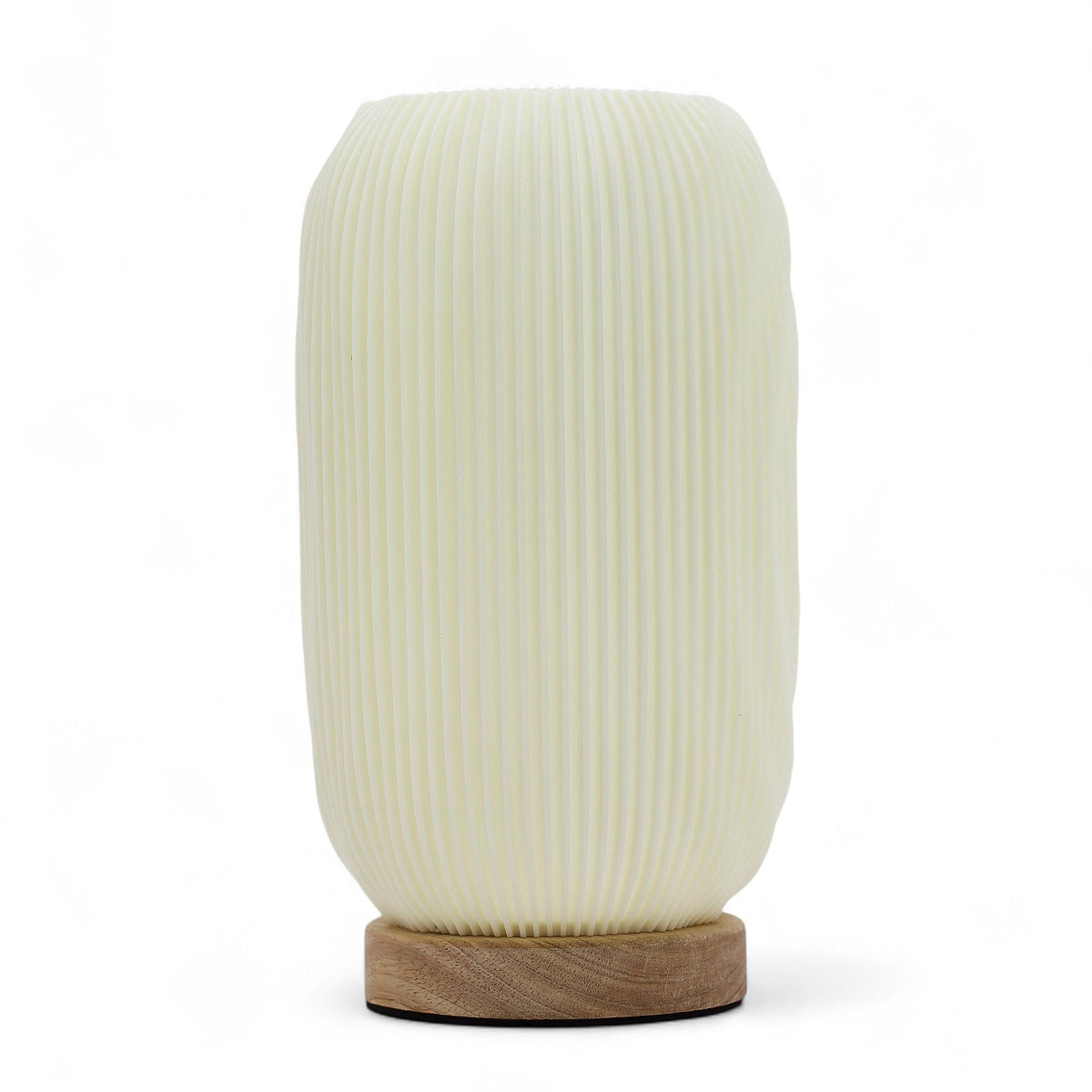 New Wave Lamp, USB, 3 settings, Modern Twisted, cream ribbed shade on a wooden base, front view