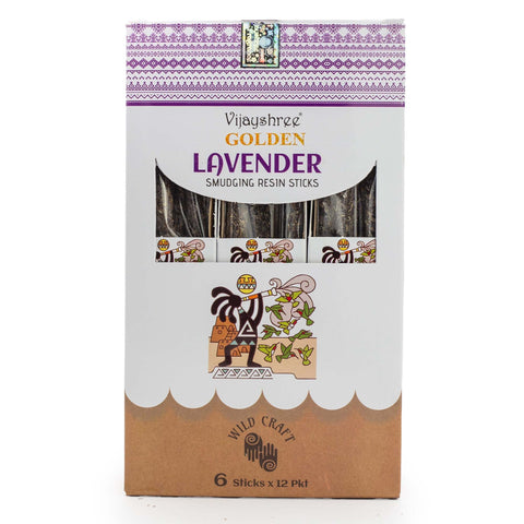 Front view of the patterned Golden Lavender resin sticks box with sticks visible through its window