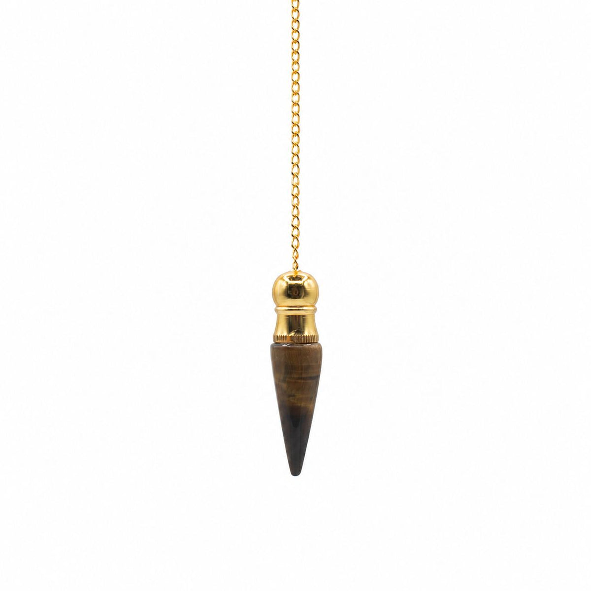 Tiger eye pendulum with gold plated top and chain, shown alone against a white background