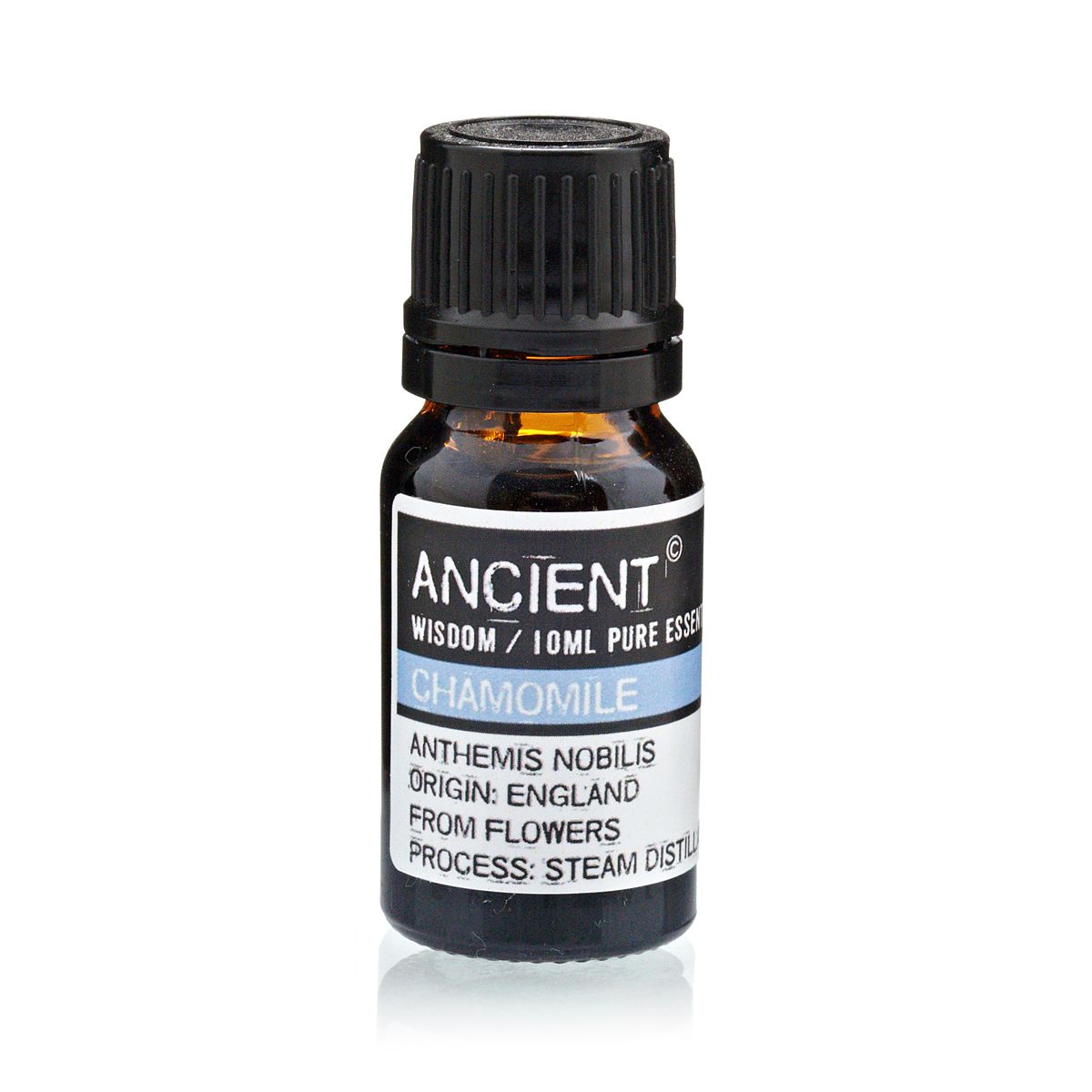 10 ml Chamomile Roman (P) Essential Oil in an amber glass bottle with a black cap, shown upright