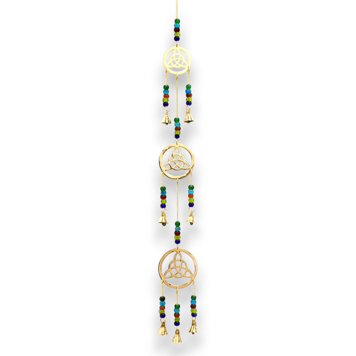 Full length view of the brass Celtic Drop chimes with three knot circles against white