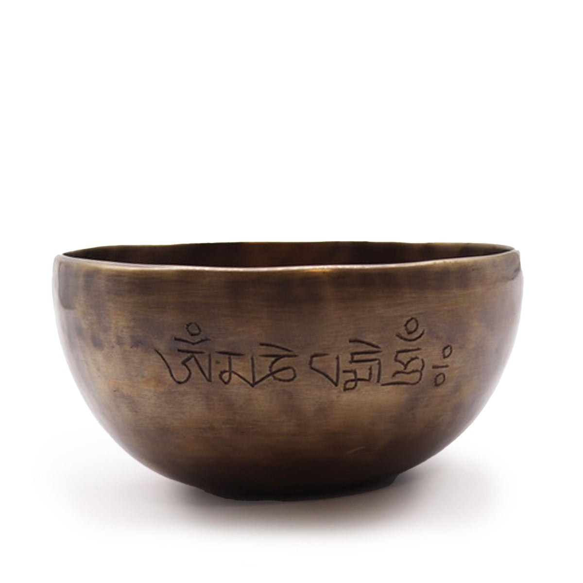 Medium Indian Moon Phase Singing Bowl, brown bowl with engraved script across the front, viewed from the side