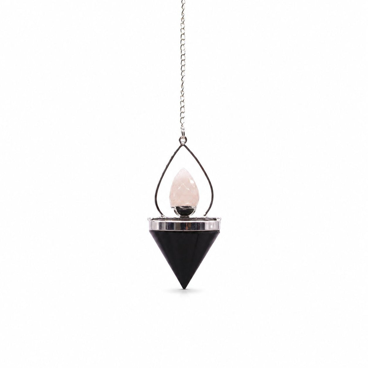 Lantern of Life pendulum, single black cone and pale pink stone on a silver chain, front view