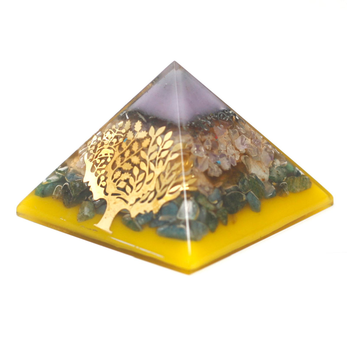 Large Orgonite Pyramid 70mm, Tree, with a gold base and gold tree design, shown at an angle