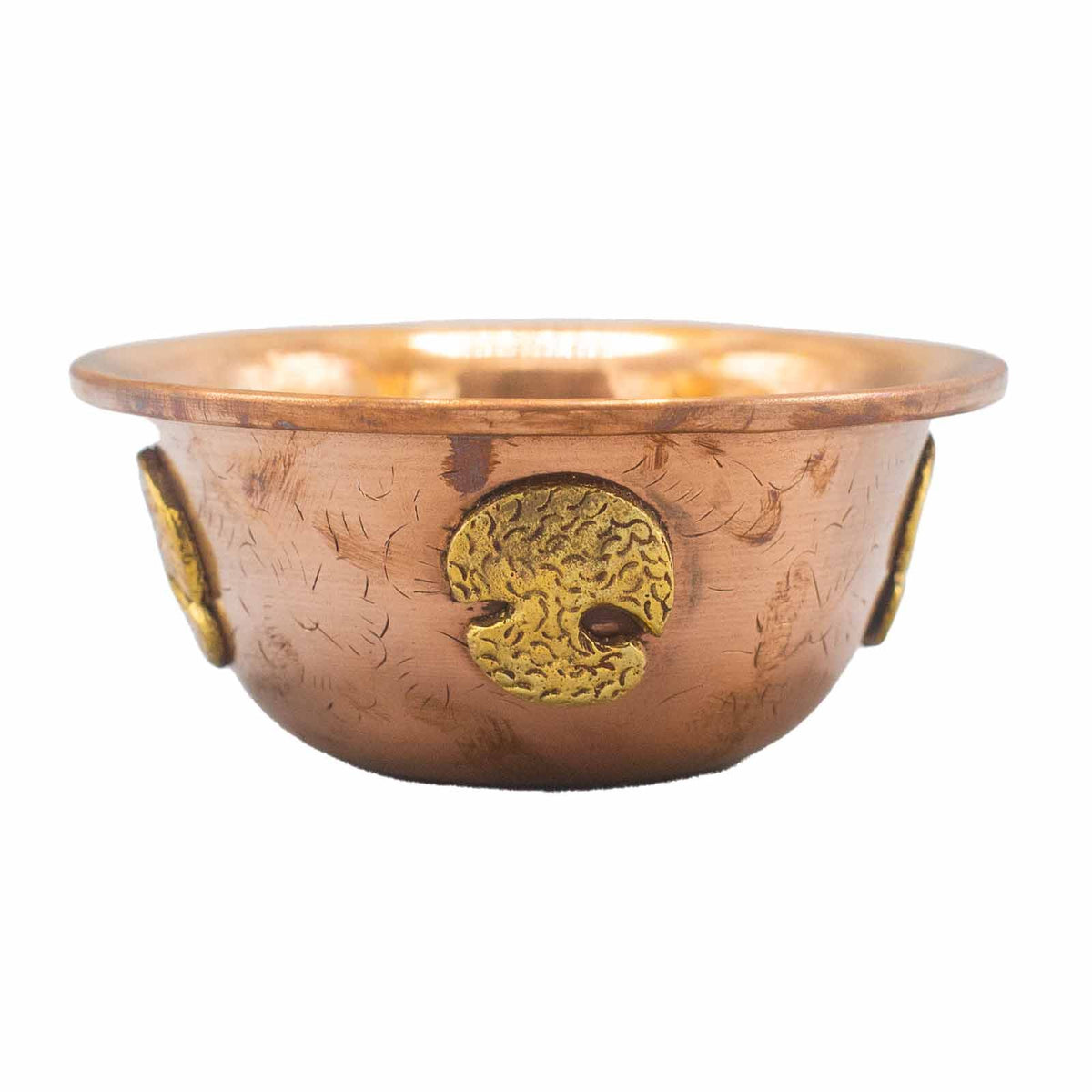 Copper Ritual Bowl with Tree of Life 12x5cm, front view showing its gold tree emblem