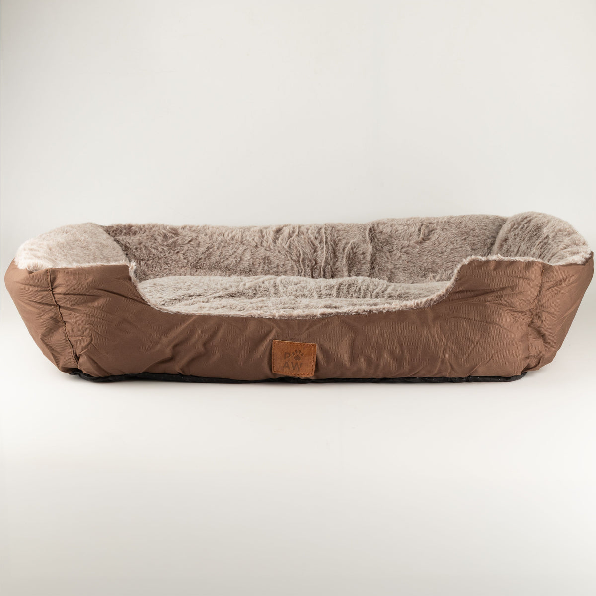Brown plush pet bed shown from the front