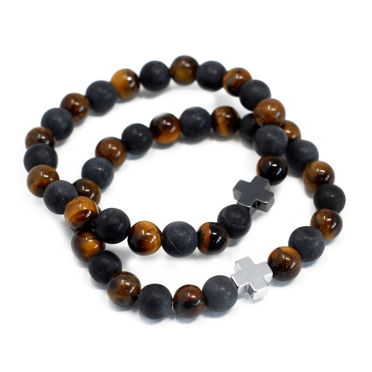 Set of 2 Gemstones Friendship Bracelets, Power, Tiger Eye & Black Stone, brown and black beads with silver crosses