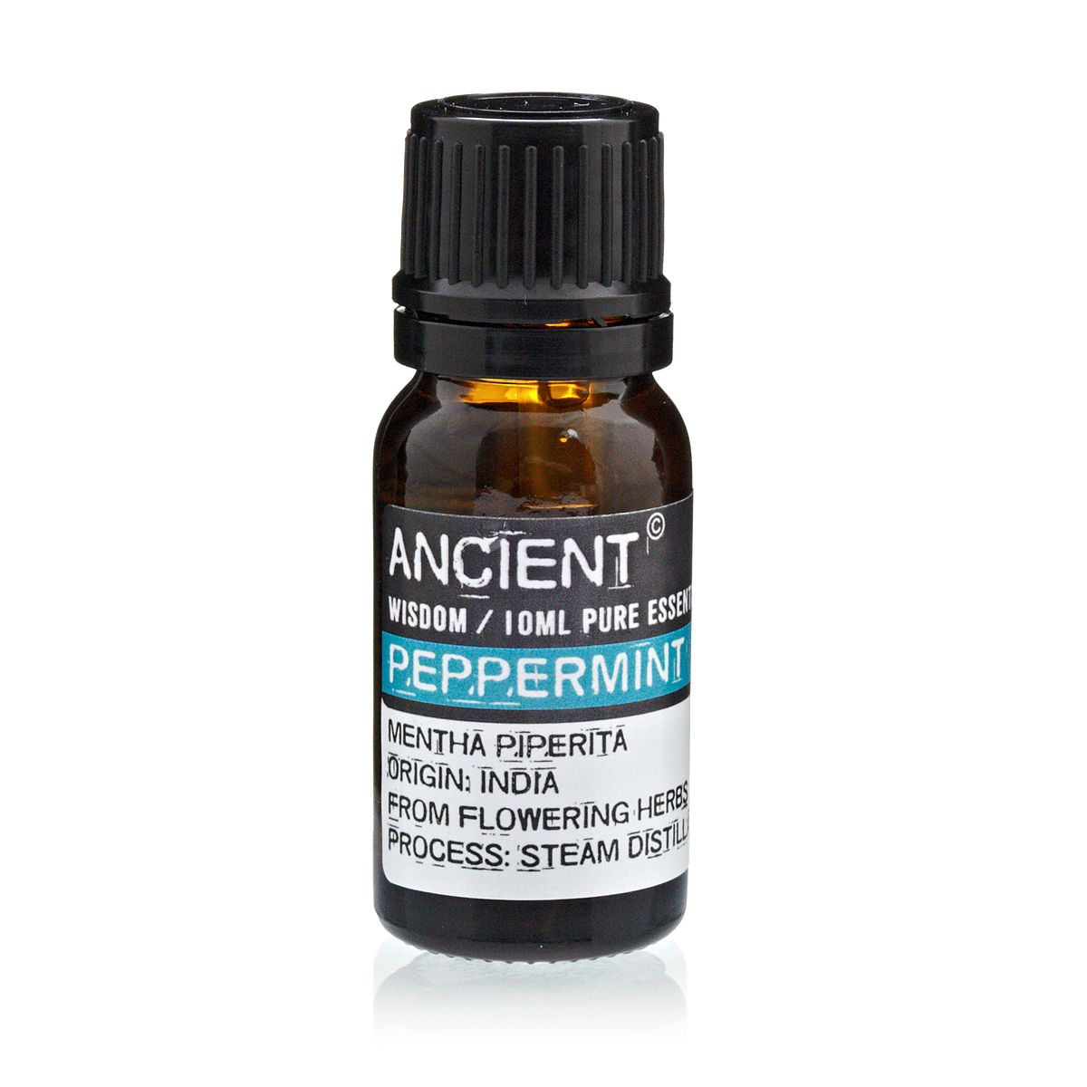 10 ml Peppermint Essential Oil in an amber bottle with a black cap, shown upright against white