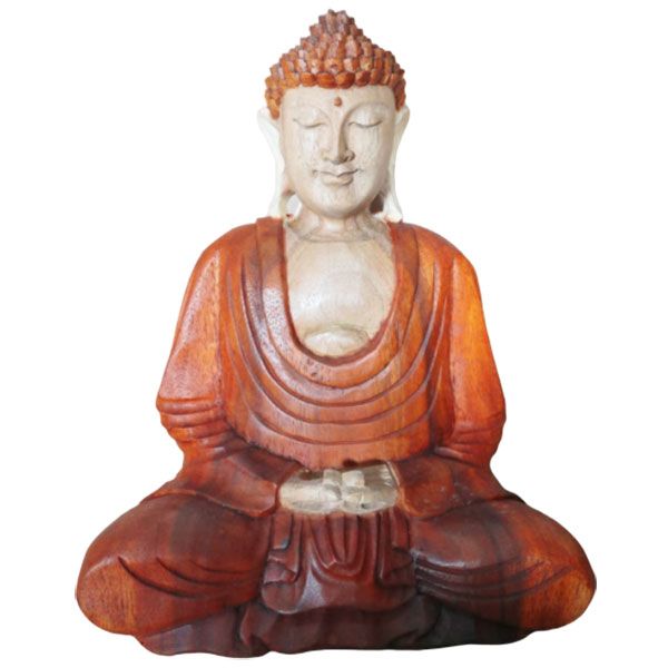Full front view of the seated Buddha statue against a plain white background