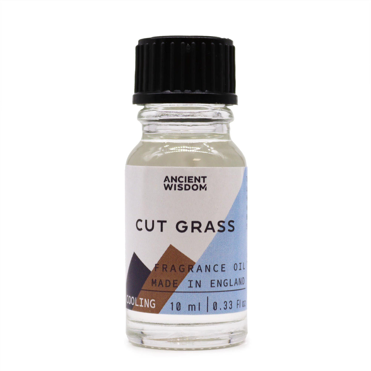Cut Grass fragrance oil in its clear bottle with black cap, standing alone front on against a white background