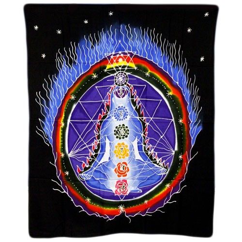 Chakra Connections 106x90cm Bali wax batik wall hanging, front view on black with a colourful seated figure and chakra symbols