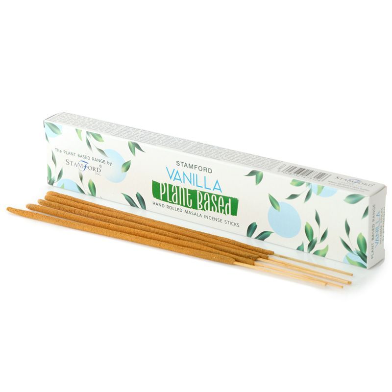 Plant Based Masala Incense Sticks, Vanilla in a leaf-patterned box with several brown sticks laid in front
