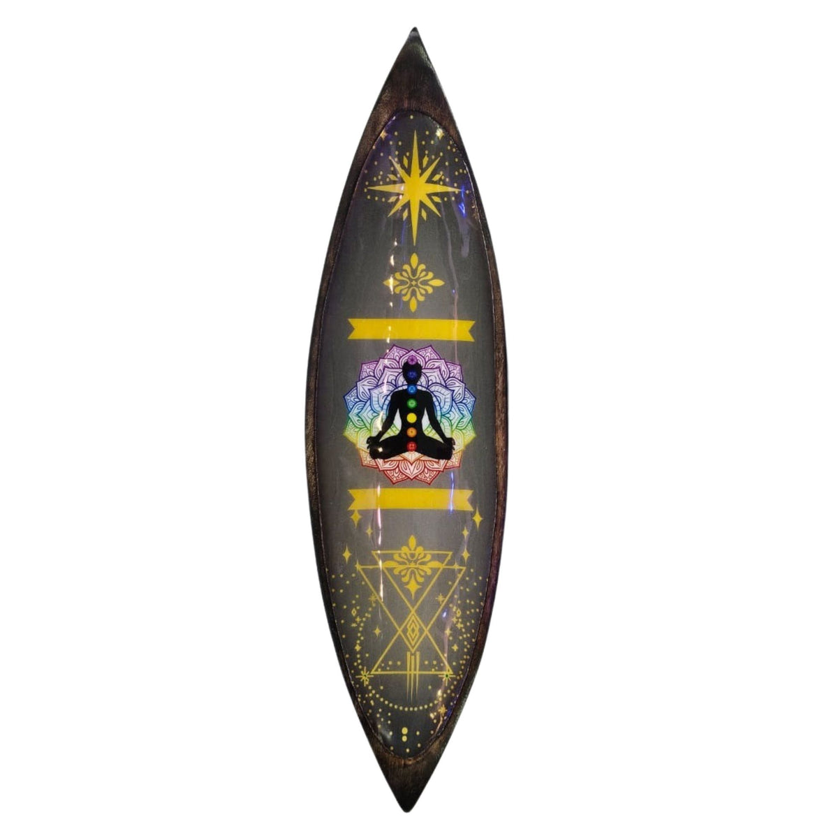Enamel Incense Bowl, Mango Wood, Chakra, long dark bowl with colourful chakra artwork, shown from above