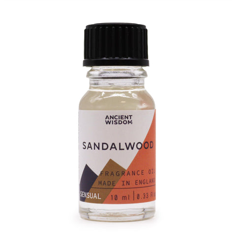 Sandalwood fragrance oil in a clear labelled bottle with black cap, centred against a plain white background