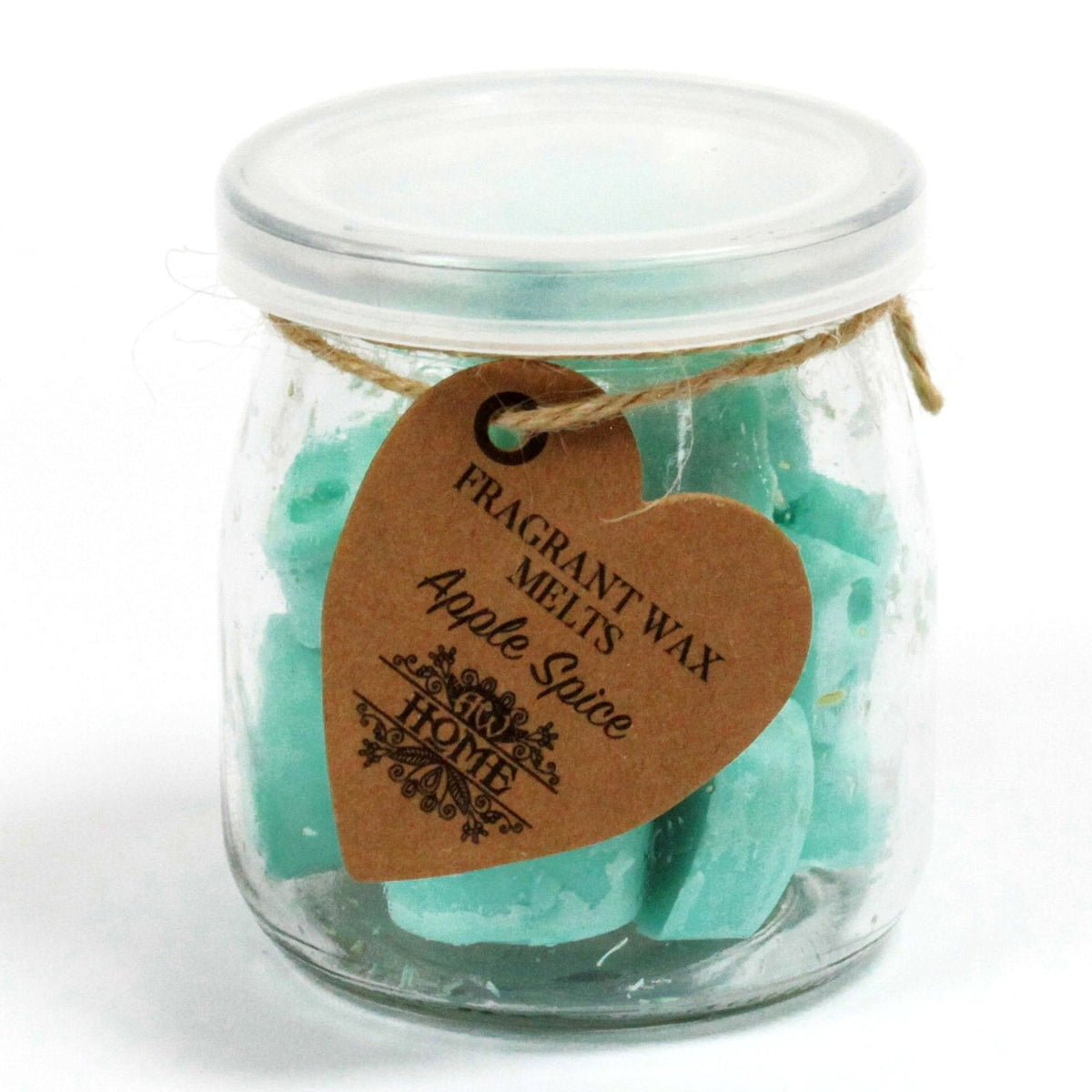 Closed clear Apple Spice melts jar with a heart-shaped tag, filled with teal wax shapes