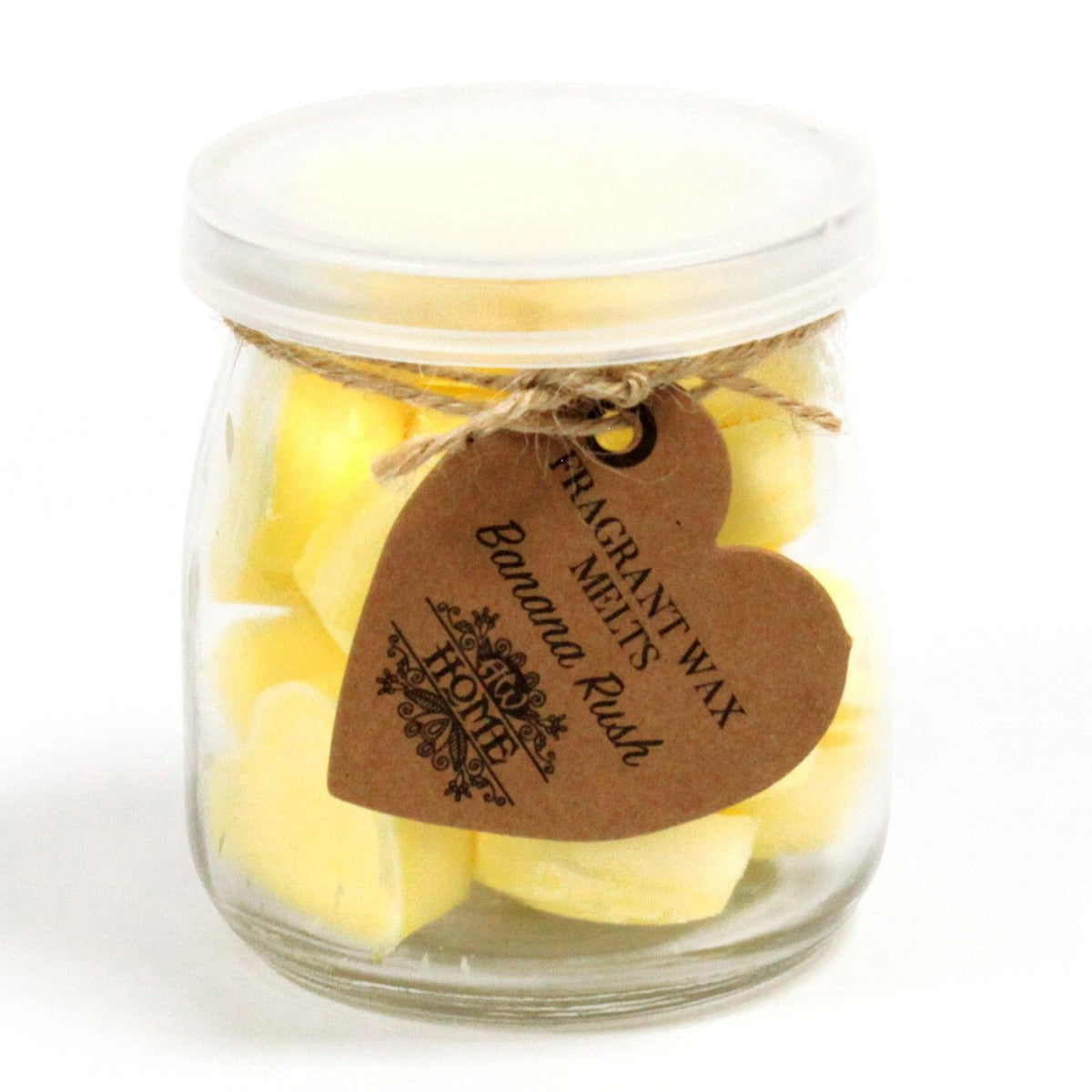 Yellow melts in a clear jar with a white lid and a brown heart-shaped tag
