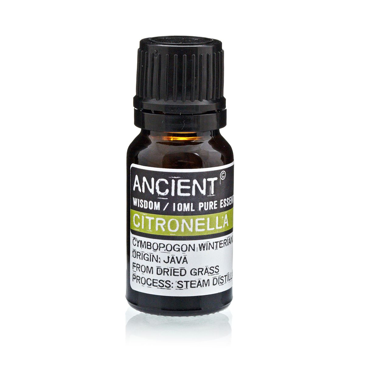10 ml Citronella Essential Oil in a dark glass bottle with a black cap, shown upright from the front