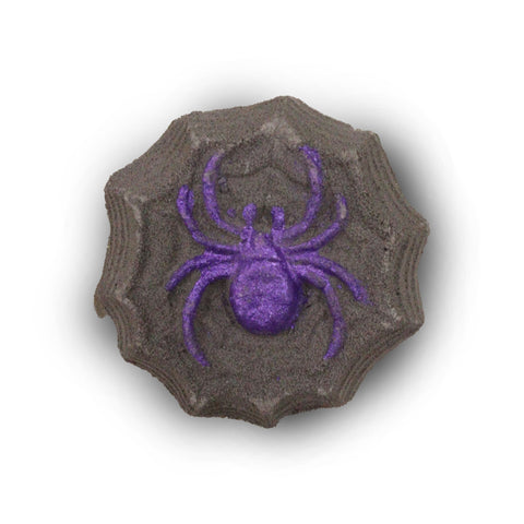Spider Halloween Bath Bomb 60g, dark grey web-shaped bath bomb with a raised purple spider, front view