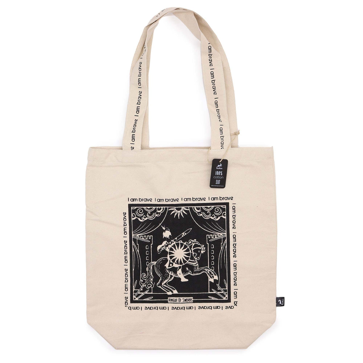 Cream cotton tote bag printed with the black Knight of Swords tarot card design