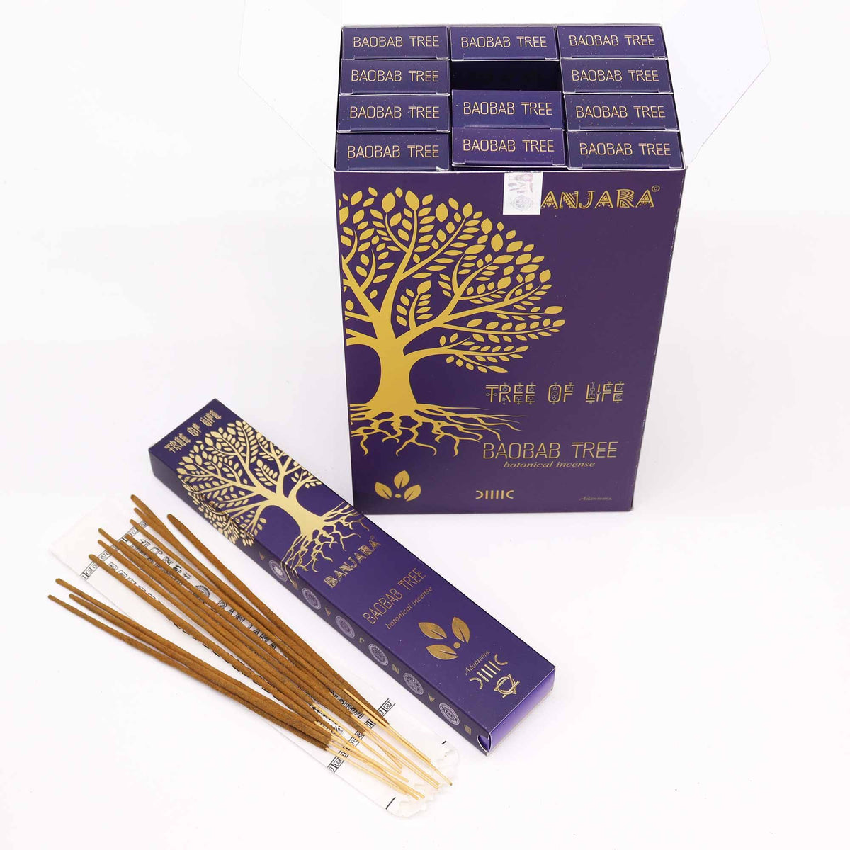 Banjara Botanical Incense, Baobab Tree, purple boxes with gold tree designs and loose incense sticks