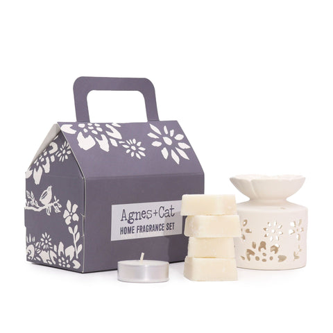 Agnes + Cat Fragrance Gift Set, Windemere, with purple floral box, cream burner, wax melts and tealight