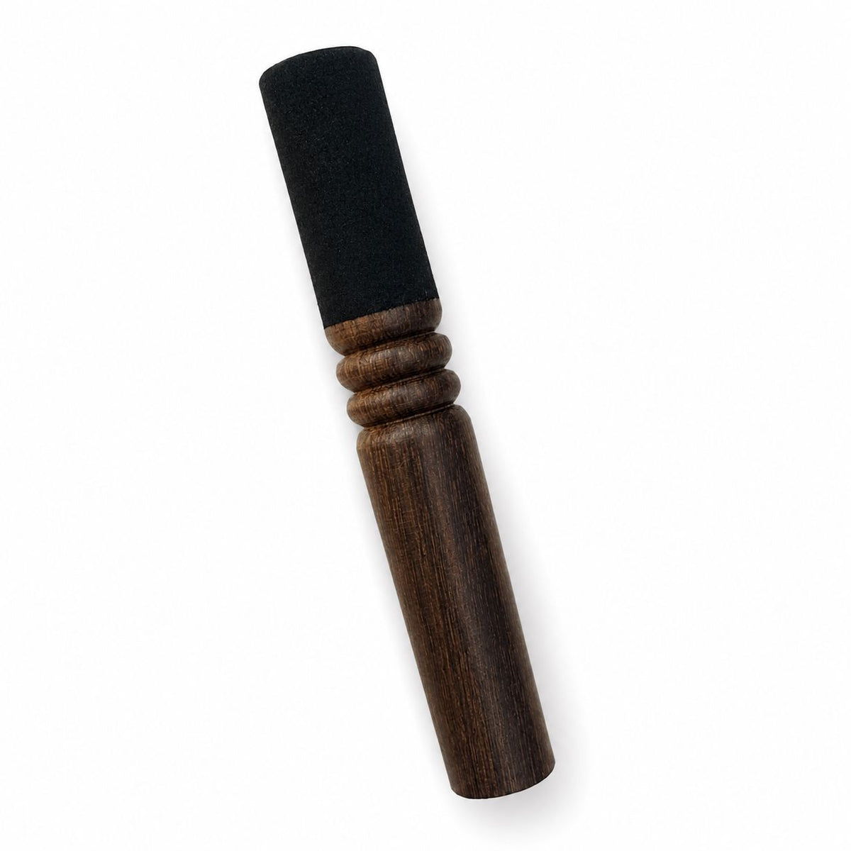Wooden stick with a black tube handle and dark brown shaft, shown diagonally against white