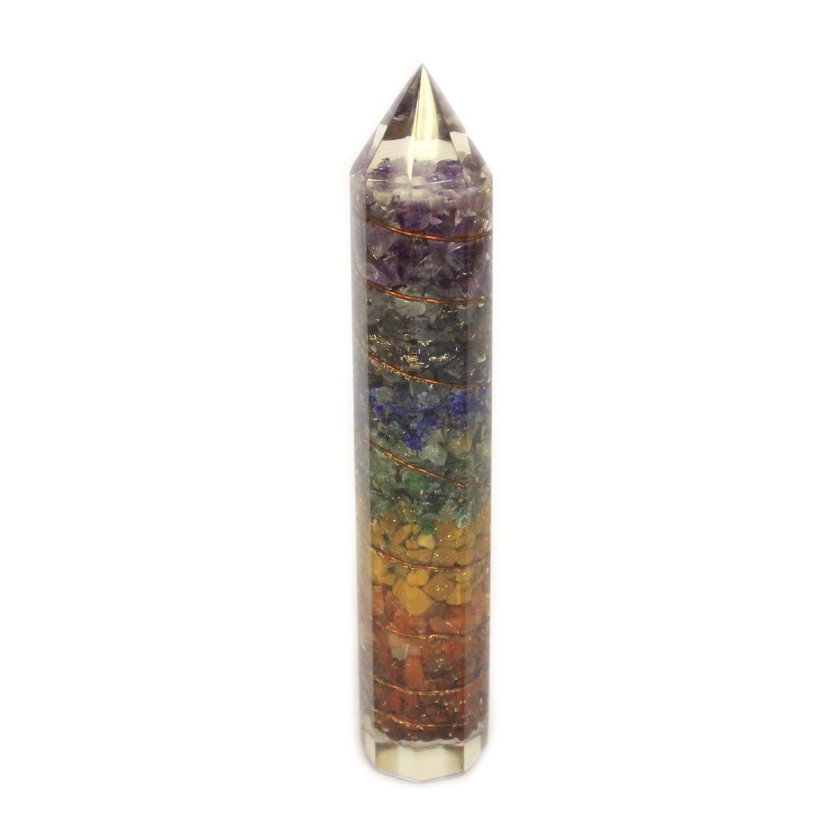 Orgonite Power Wand 15cm Copper & Gemchips standing upright against a plain white background